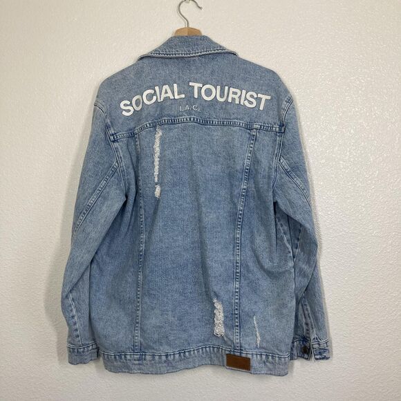 Social Tourist Jacket Large Distressed Denim Trucker Los Angeles California - Picture 2 of 16